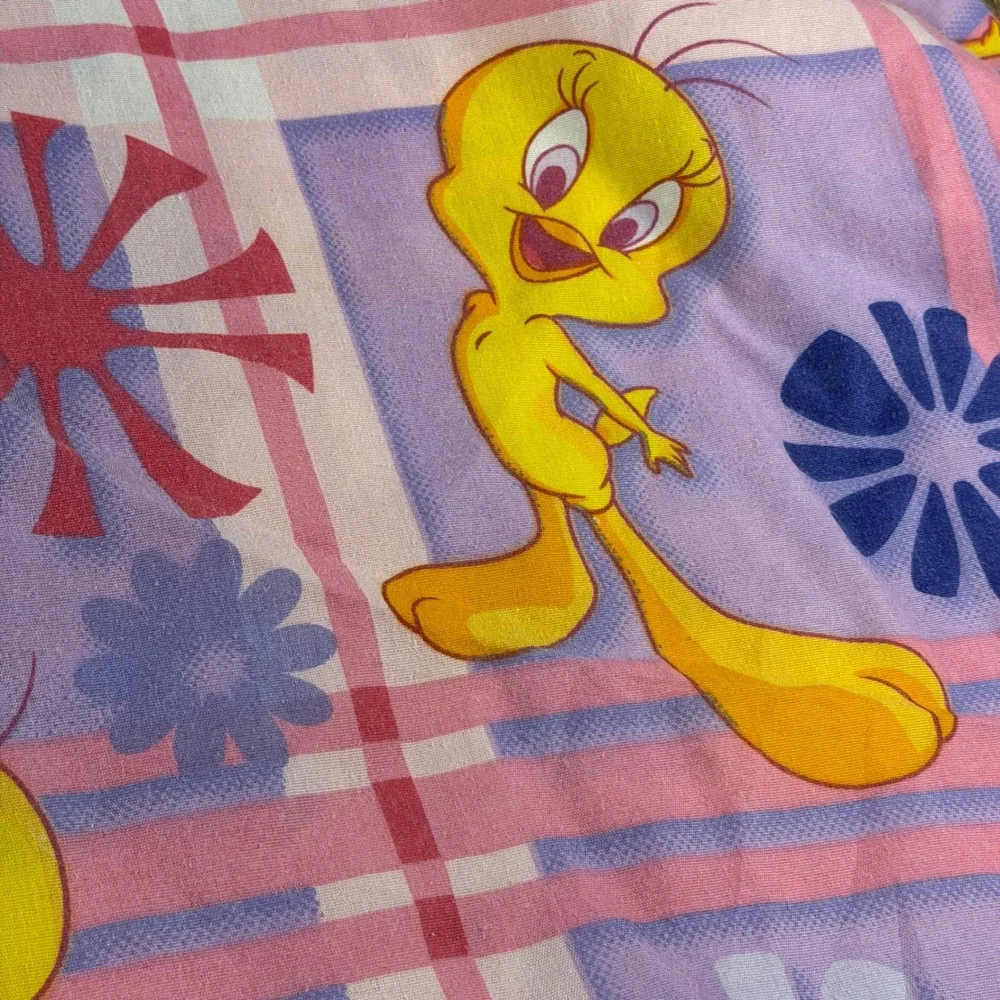 Vintage Warner Bros Tweety Bird Flat Sheet 2003 Looney Tunes Plaid Floral Purple